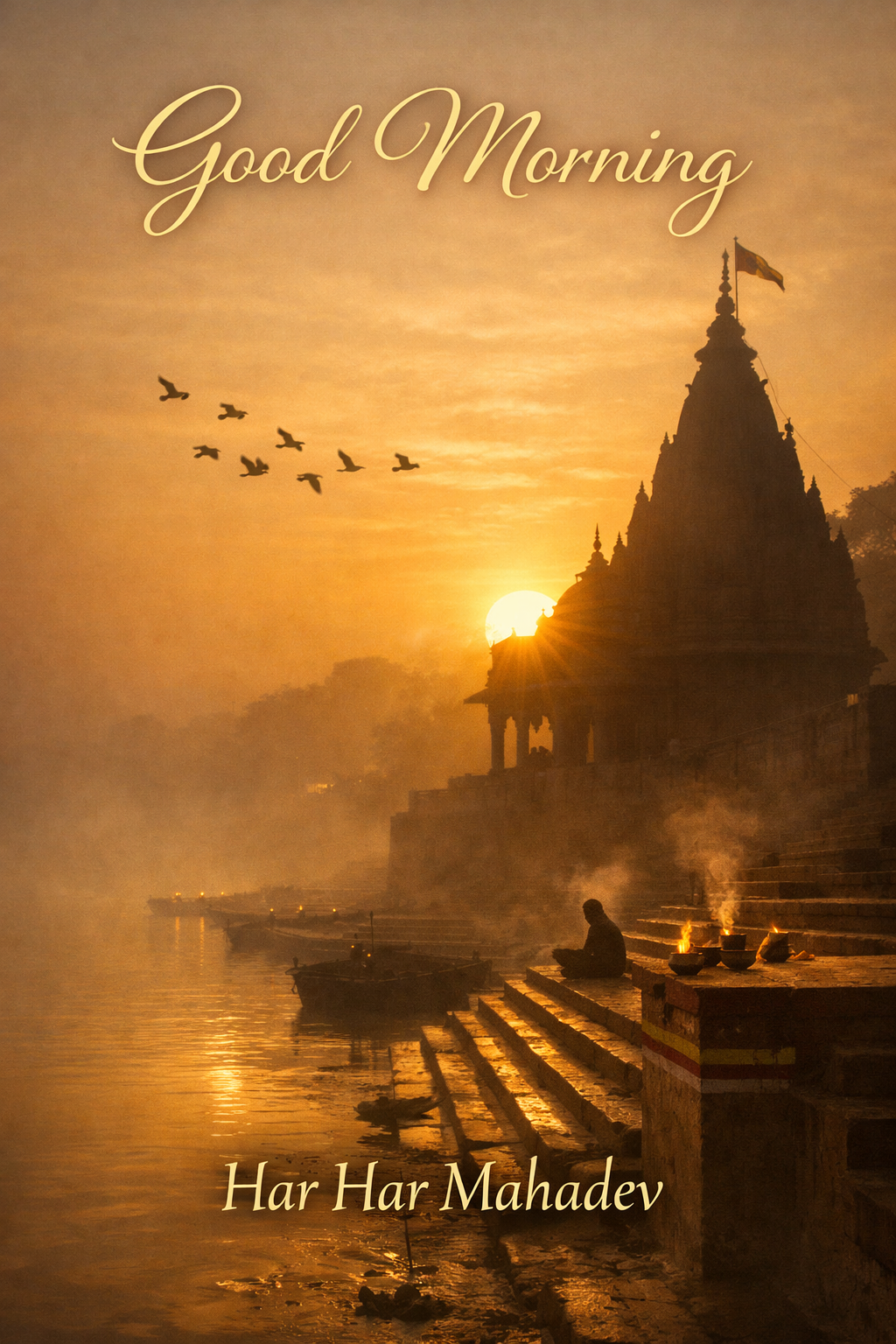 Good morning image temple ghat river steps fog birds sunrise Har Har Mahadev